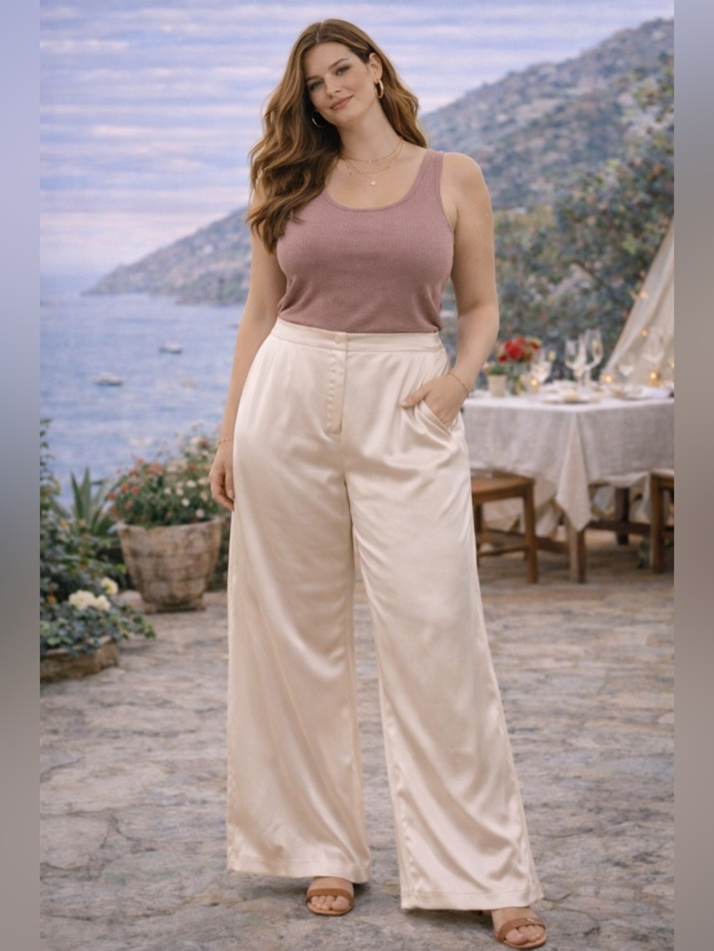 Cynthia Rowley Cream Satin Wide Leg  Luxe Minimal Chic High Rise Silky Trousers